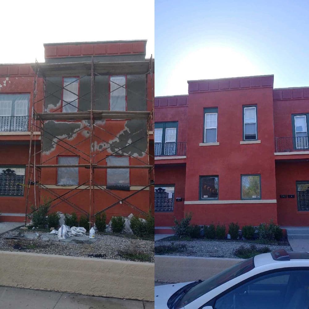 Building renovation before and after: scaffolding on the left, freshly painted exterior on the right.